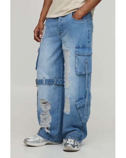 BoohooMAN Blue Extreme Washed Cargo Strap Detail Baggy Jeans for men