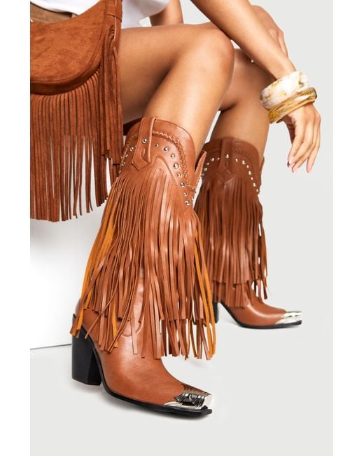 Boohoo Brown Western Stud Fringe Toe Cap Western Boots