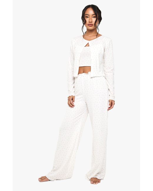 Boohoo White Mix & Match Floral Print Soft Rib Wide Leg Pyjama Trouser