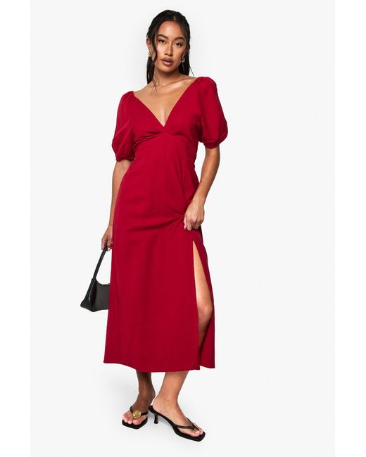 Boohoo Red Linen Tie Back Puff Sleeve Midaxi Dress