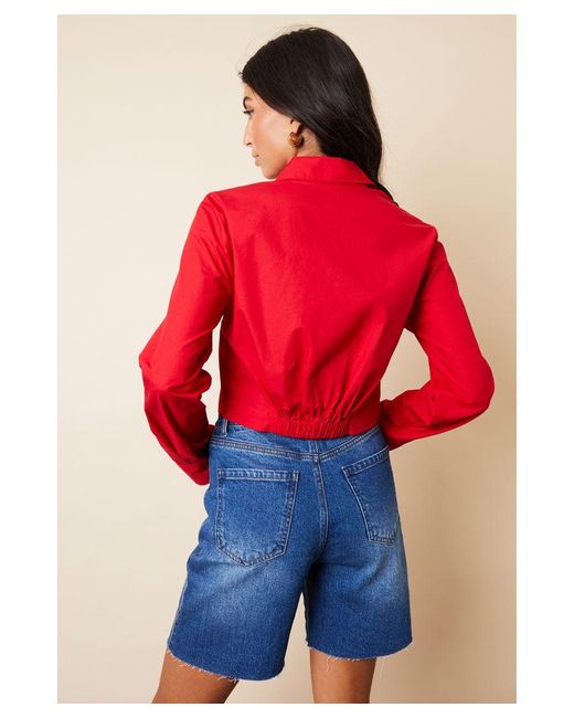 Threadbare Red 'Aero' Cropped Elasticated Hem Boxy Long Sleeve Shirt Cotton