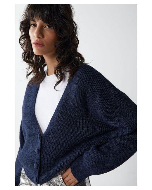 Warehouse Blue Knitted Oversized Cropped Cardigan