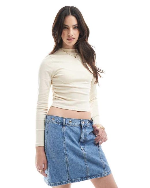 ASOS Blue Mid Rise Denim Skirt With Eyelet Waistband