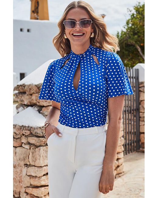Sosandar Blue Spot Print Angel Sleeve Cut Out Top
