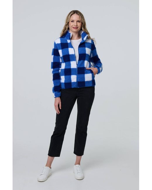 Izabel London Checked Print Teddy Fur Zip Front Jacket in Blue