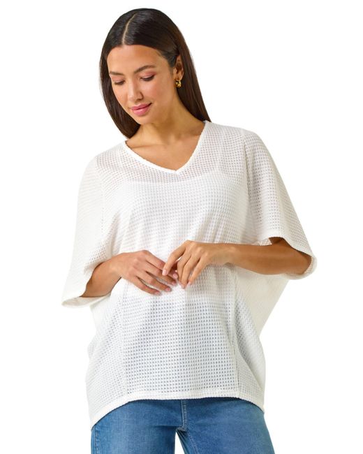 Roman White Textured V-Neck Cocoon Stretch Top