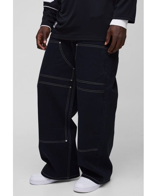 BoohooMAN Blue Baggy Twill Contrast Stitch Carpenter Pants for men