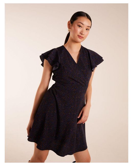 Blue Vanilla Black Leopard Print Wrap Ruffle Mini Dress