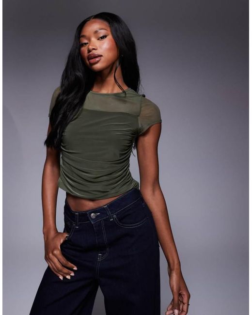 ASOS Gray Mesh Draped Front Short Sleeve Top
