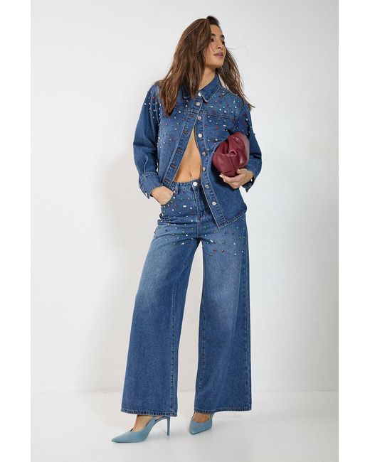 Nasty Gal Blue Denim Jewel Baggy Jeans