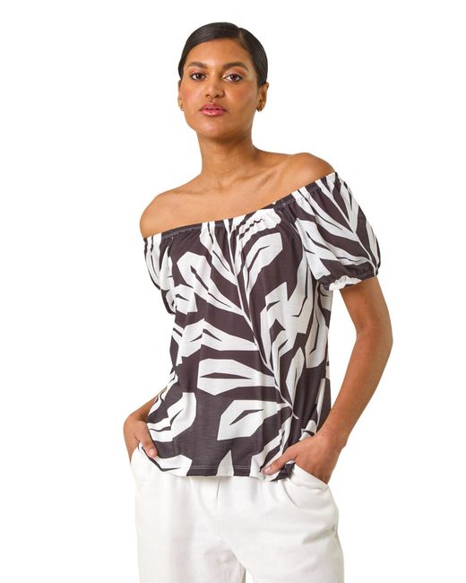 Roman White Abstract Print Bardot Top