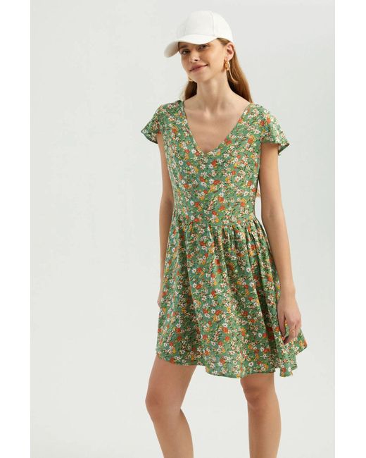 Hiccup Green Floral V Neck Short Sleeve Mini Dress