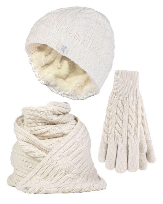 Heat Holders White Ladies Knitted Hat Scarf & Gloves Set