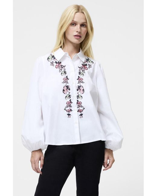 French Connection White Cotton Embellished Long Sleeve Elastic Cuffs Button-Up Shirt