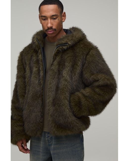 BoohooMAN Brown Oversized Boxy Faux Fur Hooded Jacket for men