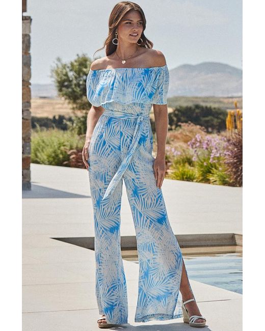 Sosandar Blue Sky Palm Print Bardot Jumpsuit
