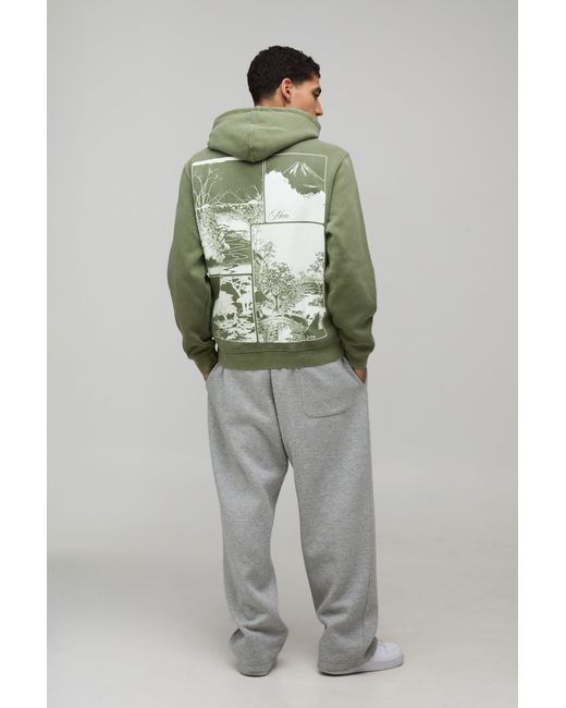 BoohooMAN Green Washed Regular Kyoto Back Print Hoodie Cotton for men