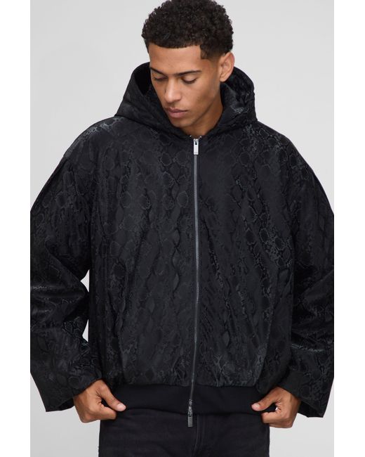 BoohooMAN Blue Oversized Pu Snake Printed Hooded Bomber Jacket for men