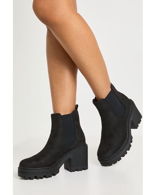 Boohoo Black Faux Suede Chunky Block Heel Chelsea Boots