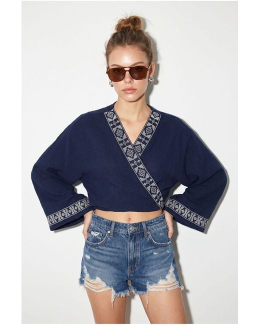 Bianco Lucci Blue Cotton Blouse