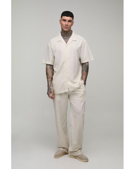 BoohooMAN Blue Tall Holiday Linen Blend Oversized Shirt & Relaxed Trouser Set for men