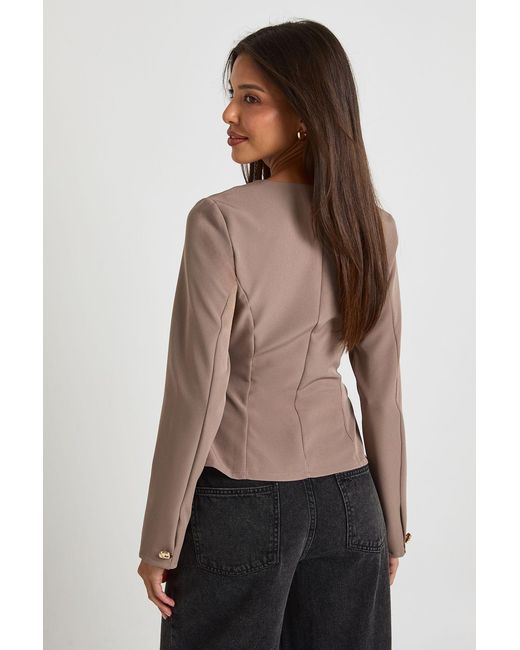 Boohoo Brown Trim Collarless Blazer