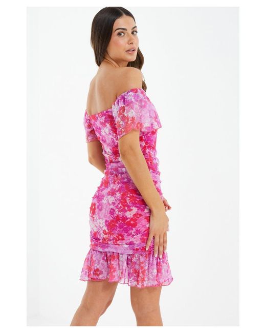 Quiz Petite Pink Floral Ruched Bardot Mini Dress