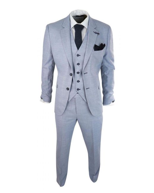Infinity Leather Blue 3 Piece Linen Suit Light Summer Tailored Fit Wedding Prom Classic for men