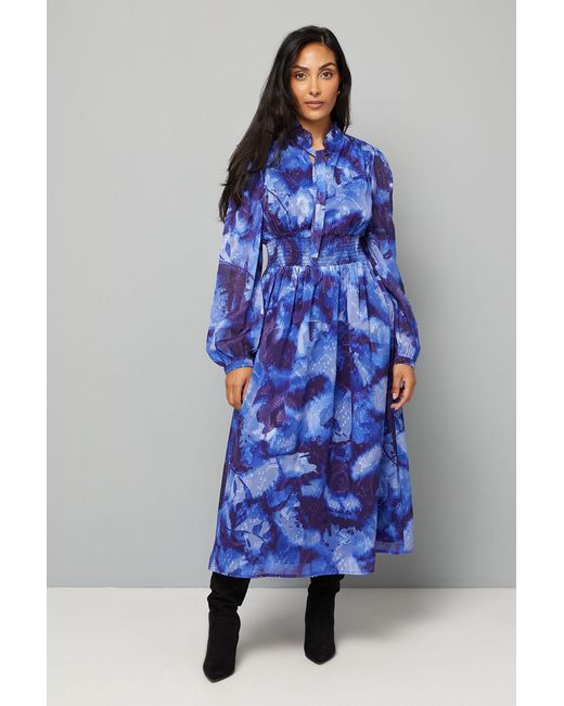 Wallis Blue Petite Floral Print Shirred Waist Midi Dress