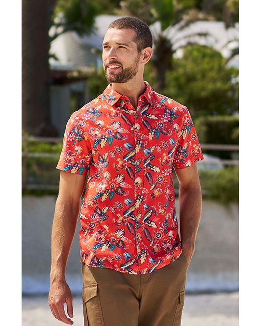 Mountain Warehouse Red Tropical Printed Short Sleeve Shirt 100% Cotton Chest Pocket Holiday Top for men