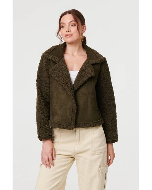 Izabel London Green Faux Suede Teddy Lined Biker Jacket