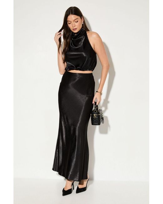 MissPap Black Premium Satin Bias Puddle Skirt Co-Ord