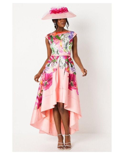 Coast Red Lisa Tan Printed Satin Twill High Low Dress