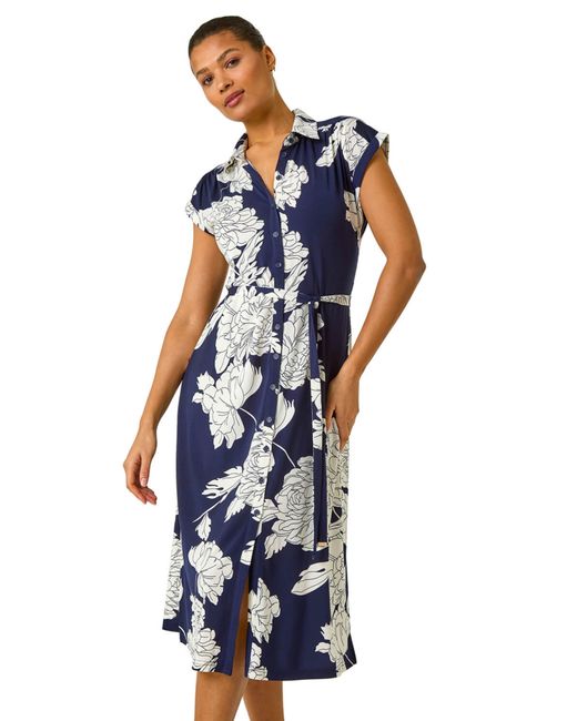 Roman Blue Floral Print Stretch Shirt Dress