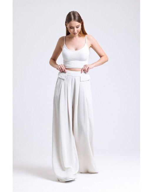 Hiccup White Linen High Waist Pleated Pocket Wide Leg Trousers
