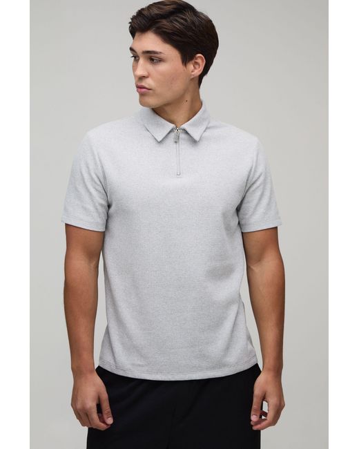 BoohooMAN Gray Slim 1/4 Zip Waffle Polo for men