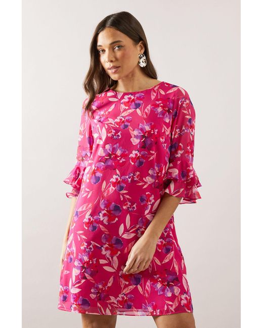 Wallis Pink Petite Watercolour Floral Ruffle Sleeve Shift Dress