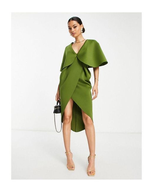 ASOS Green Design Cape Detail Pleated Wrap Midi Dress