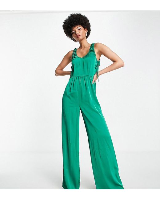 Lola May Green Tall Satin Ruched Side Wide Leg Jumpsuit