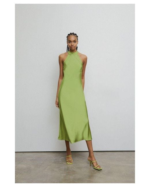 Warehouse Green Petite Satin Halter Neck Backless Slip Dress