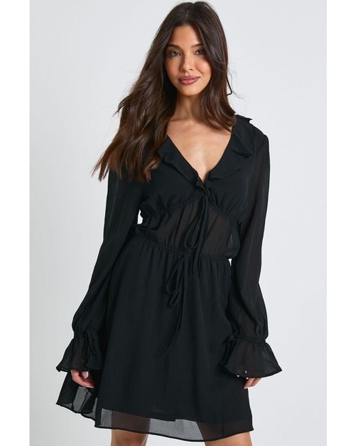Boohoo Black Long Sleeve Ruched Mini Dress With Frill Detail