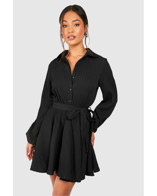 Boohoo Black Petite Crinkle Skater Shirt Dress