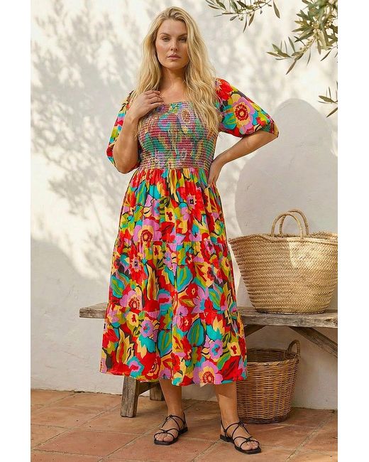 Roman Curve Floral Shirred Midi Dress