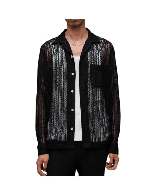 AllSaints Black Shirts Cala Long Sleeve Relaxed Fit Soft Lace Fabric Beach Shirt for men