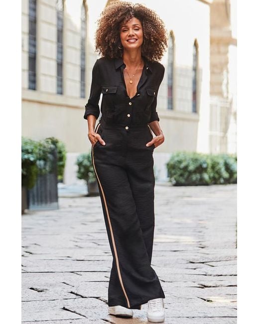 Sosandar Black Camel Side Stripe Button Front Jumpsuit