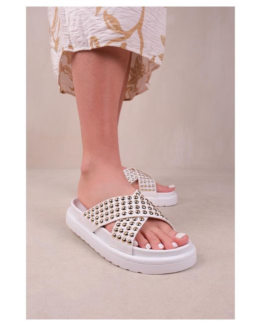 Where's That From Pink 'Zenith' Flat Sandals With Cross Over Pressed Studs Straps Faux Leather