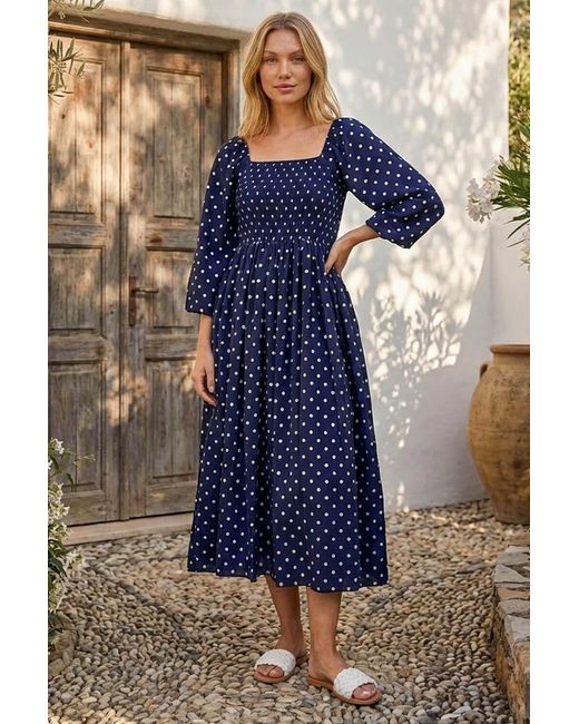 Roman Blue Spot Shirred Midi Dress