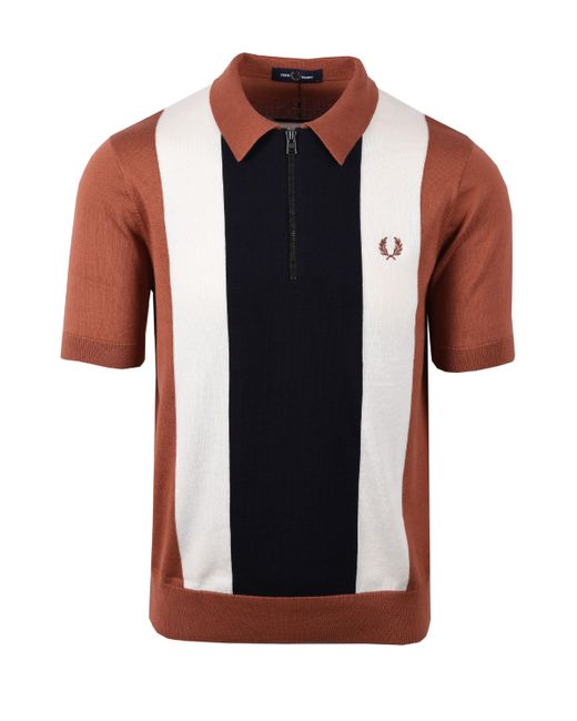 Fred Perry Black Vertical Stripe Zip Neck Polo Cinnamon//Ecru for men