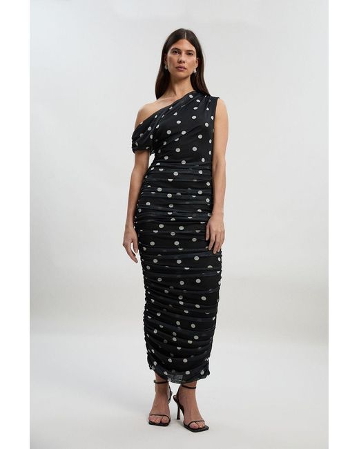 Karen Millen Black Polka Dot Mesh One Shoulder Ruched Midi Dress