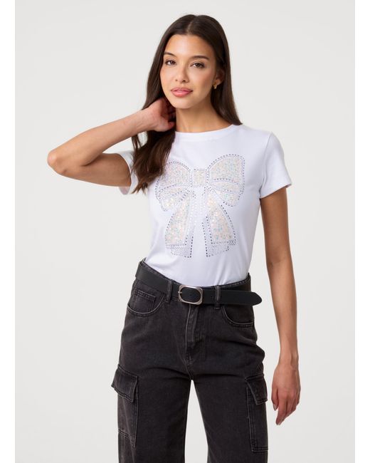 Pink Vanilla White Diamante Bow Ribbon Tee
